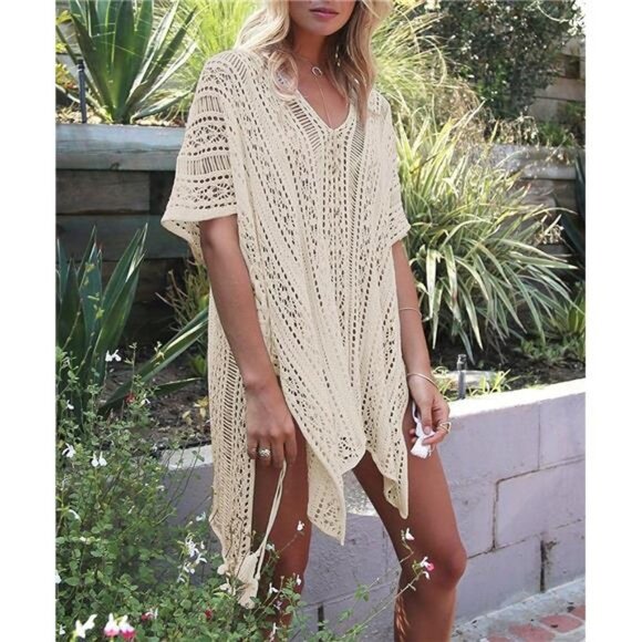 Beige Knit Crochet Bikini Swimsuit Coverup Dress Short Sleeve Swim Beach Dress‎ - Picture 2 of 4